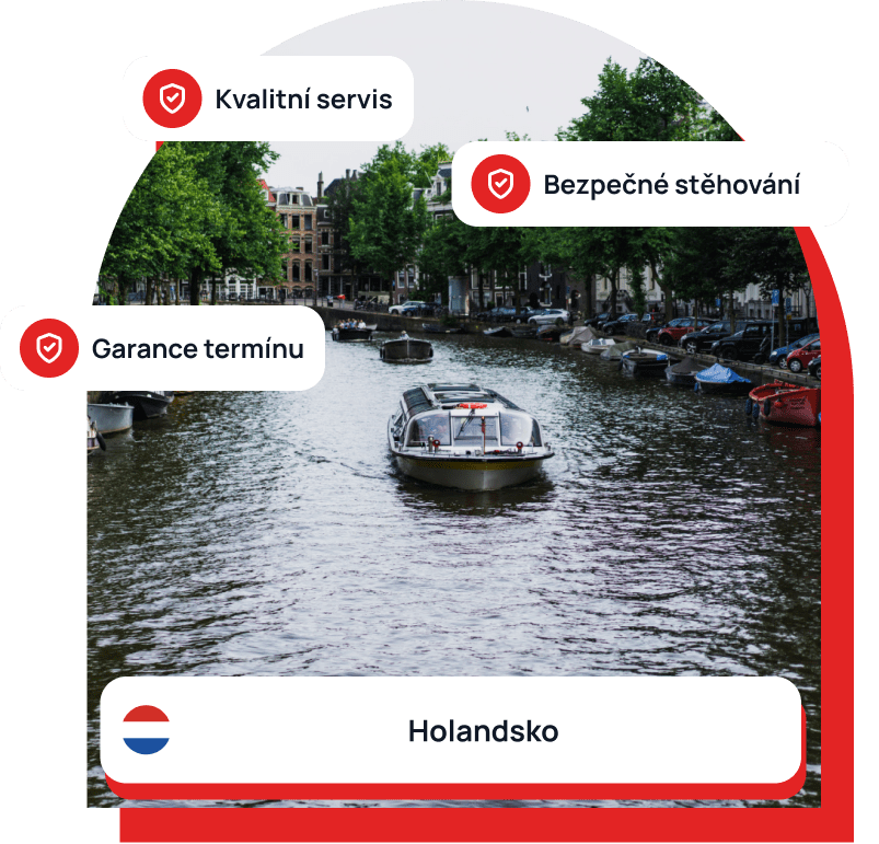 Stěhování do Holandska – ilustrační fotografie Holandska s kanálem, lodí a důrazem na kvalitní servis a bezpečné stěhování.