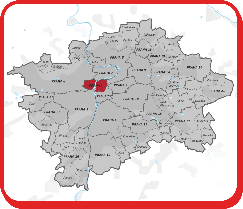 Stěhování Praha 1 zobrazuje mapu Prahy se zvýrazněnou městskou částí Praha 1.