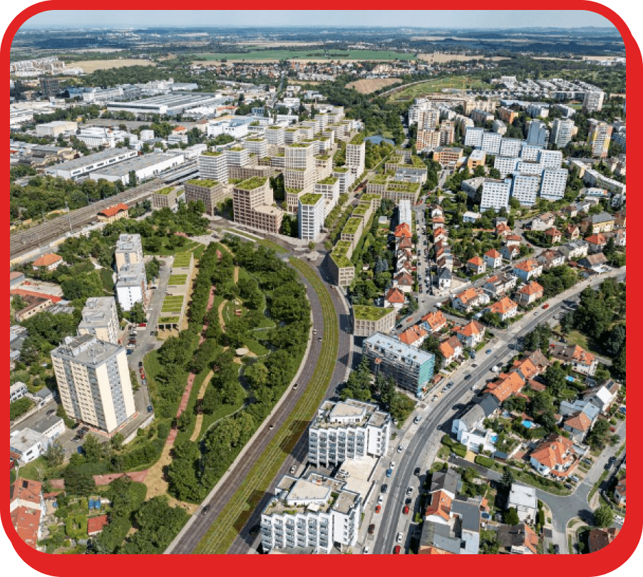 Stěhování Praha 15 zachycuje letecký pohled na moderní zástavbu a obytnou část Prahy 15.