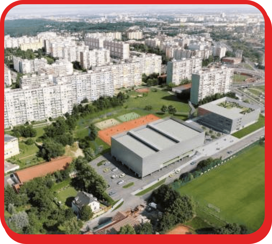 Stěhování Praha 17 zachycuje letecký pohled na obytnou zástavbu, sportovní areál a veřejné budovy v Praze 17.