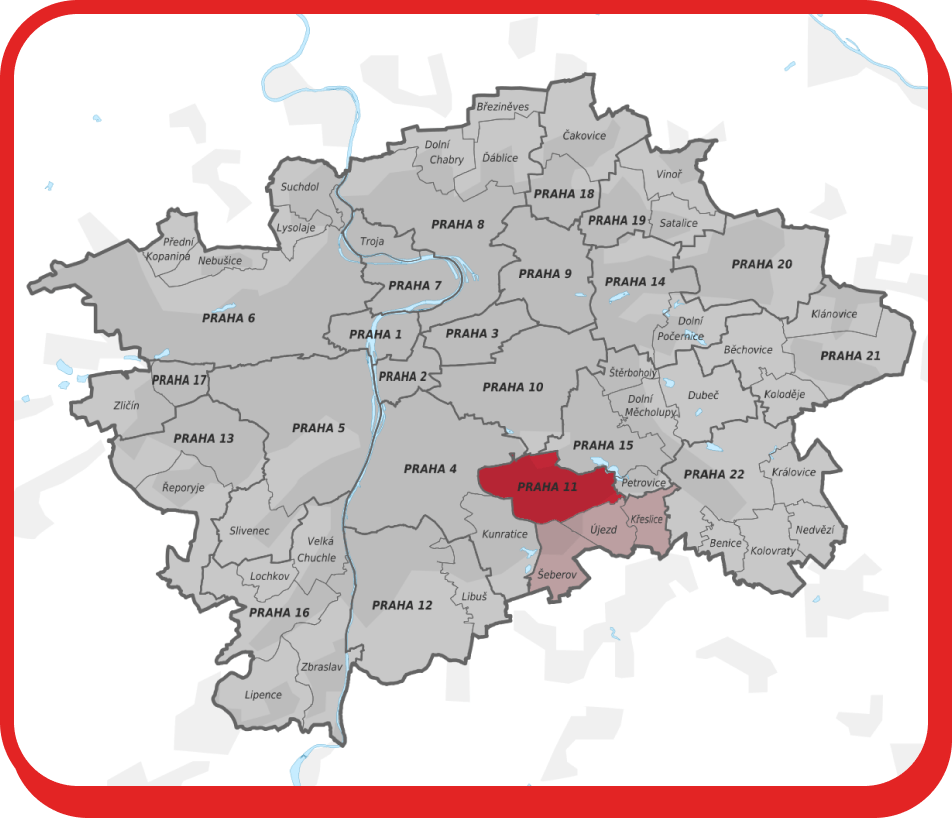 Stěhování Praha 11 zobrazuje mapu Prahy se zvýrazněnou městskou částí Praha 11.