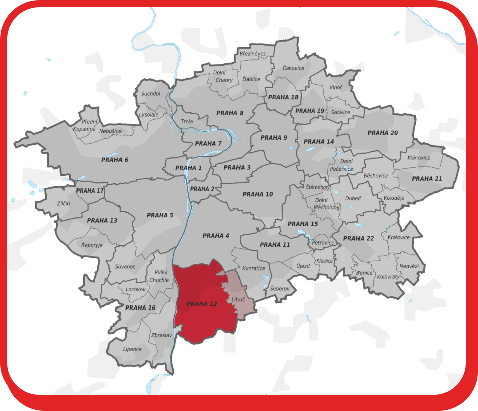 Stěhování Praha 12 zobrazuje mapu Prahy se zvýrazněnou městskou částí Praha 12.