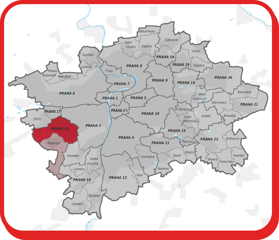 Stěhování Praha 13 zobrazuje mapu Prahy se zvýrazněnou městskou částí Praha 13.