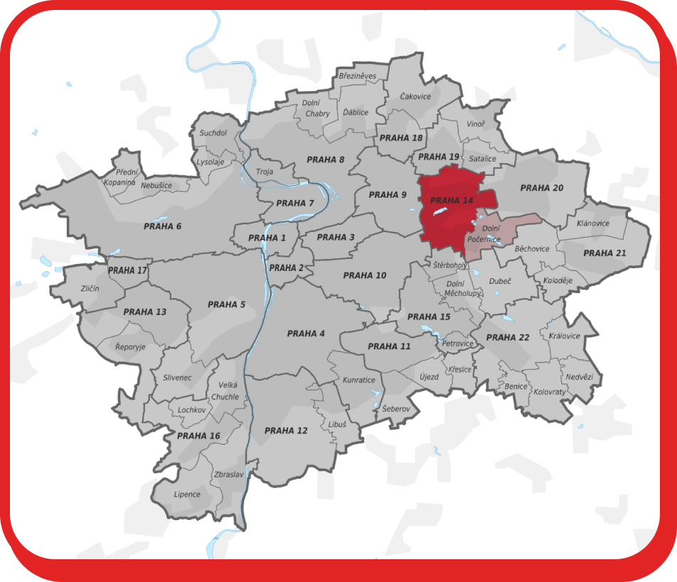 Stěhování Praha 14 zobrazuje mapu Prahy se zvýrazněnou městskou částí Praha 14.