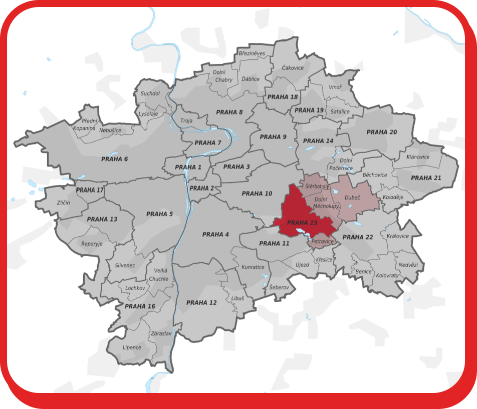 Stěhování Praha 15 zobrazuje mapu Prahy se zvýrazněnou městskou částí Praha 15.