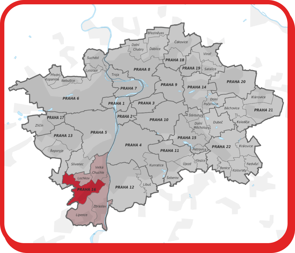 Stěhování Praha 16 zobrazuje mapu Prahy se zvýrazněnou městskou částí Praha 16.