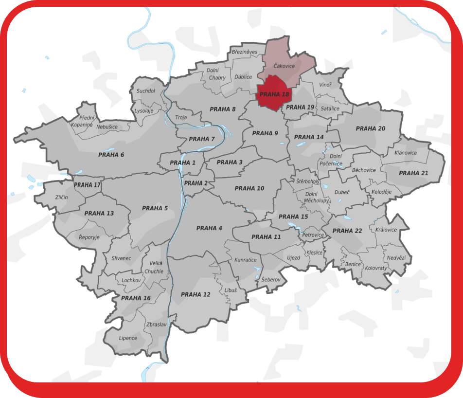 Stěhování Praha 18 zobrazuje mapu Prahy se zvýrazněnou městskou částí Praha 18.