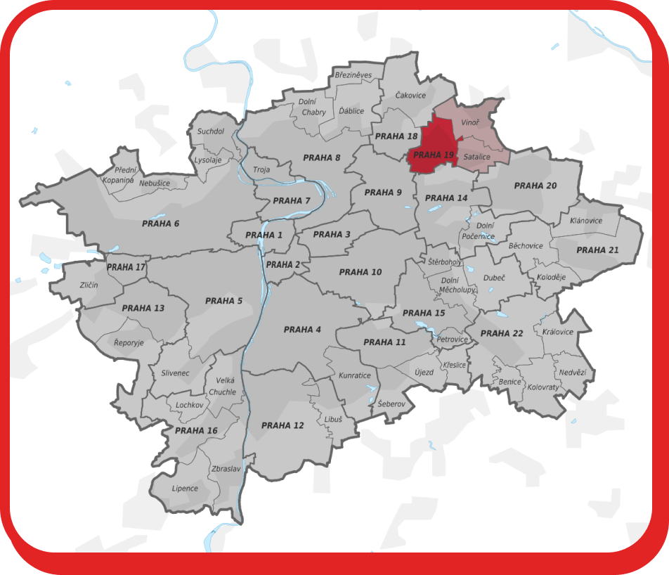 Stěhování Praha 19 zobrazuje mapu Prahy se zvýrazněnou městskou částí Praha 19.