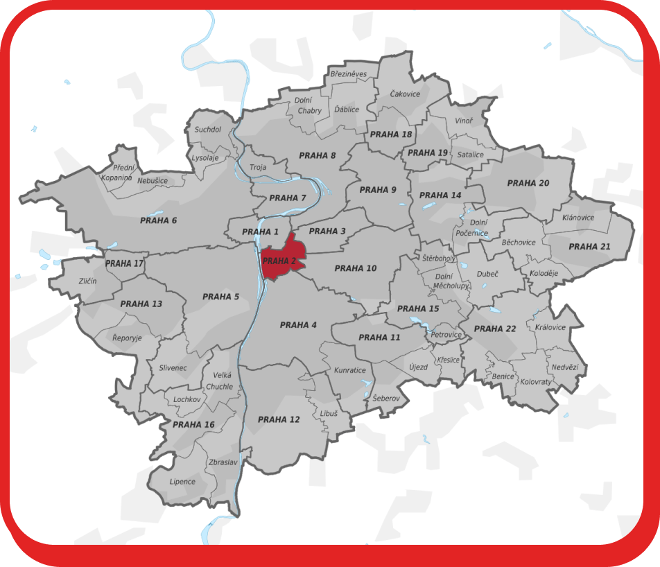 Stěhování Praha 2 zobrazuje mapu Prahy se zvýrazněnou městskou částí Praha 2.