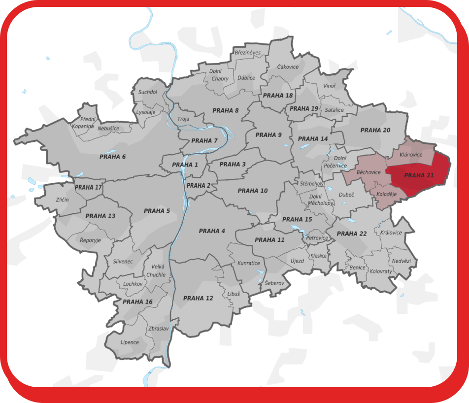 Stěhování Praha 21 zobrazuje mapu Prahy se zvýrazněnou městskou částí Praha 21.