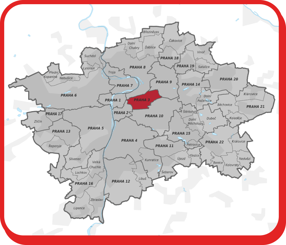 Stěhování Praha 3 zobrazuje mapu Prahy se zvýrazněnou městskou částí Praha 3.