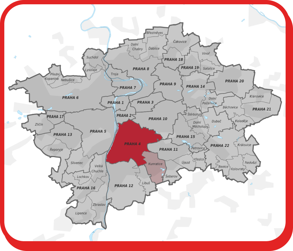 Stěhování Praha 4 zobrazuje mapu Prahy se zvýrazněnou městskou částí Praha 4.