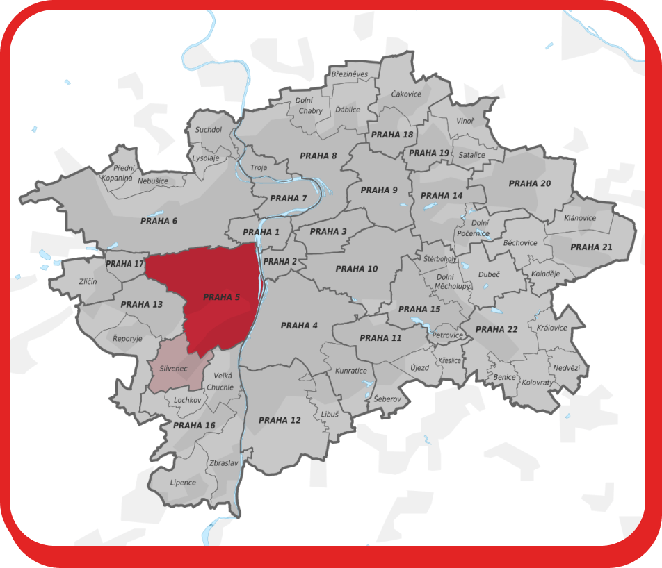 Stěhování Praha 5 zobrazuje mapu Prahy se zvýrazněnou městskou částí Praha 5.