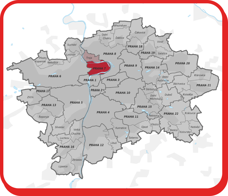 Stěhování Praha 7 zobrazuje mapu Prahy se zvýrazněnou městskou částí Praha 7.