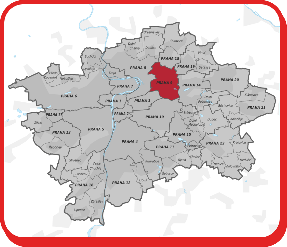 Stěhování Praha 9 zobrazuje mapu Prahy se zvýrazněnou městskou částí Praha 9.