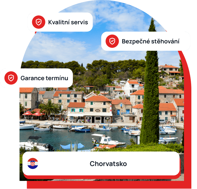 Stěhování do Chorvatska – ilustrační fotografie Chorvatska s pobřežním městem, přístavem a důrazem na kvalitní servis a bezpečné stěhování.